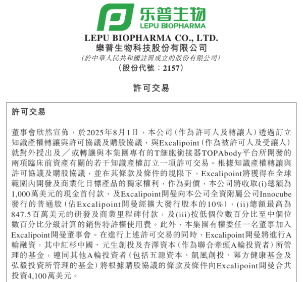 股票线上配资 超8.5亿美元！乐普生物两款临床前TCE授权出海